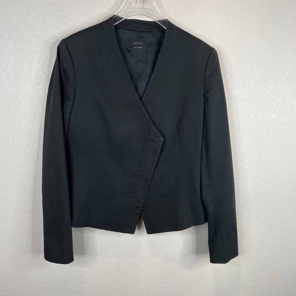 Theory Womens Laniso Blazer Jacket Size 6 Black Fostered Asymmetrical Collarless